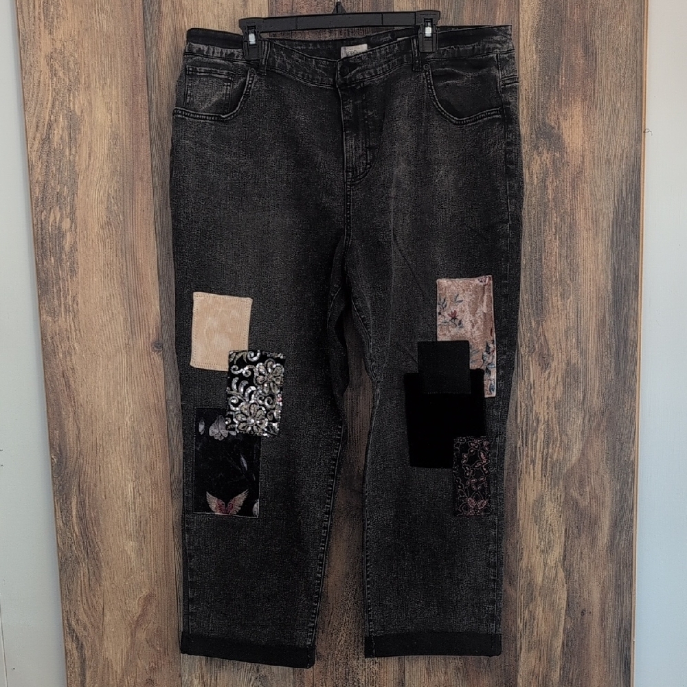LOGO by Lori Goldstien Black Patchwork Boyfiend Vintage Jeans 22W   -c121